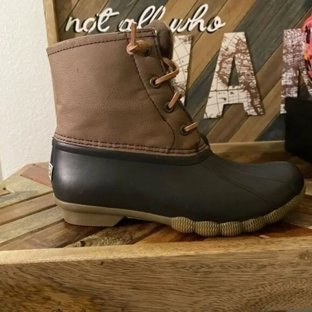 Sperry Saltwater Duck Boots Women 5.5 Brown Black‎ Side Zip STS83684 Weather